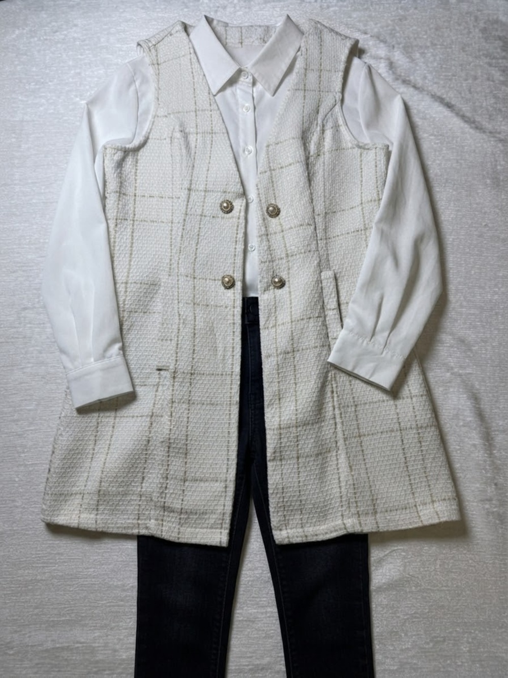 SHEIN Cream Windowpane Double-Breasted Long Vest